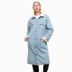 Aritzia Light Blue Denim Trench Coat with Cream Accents